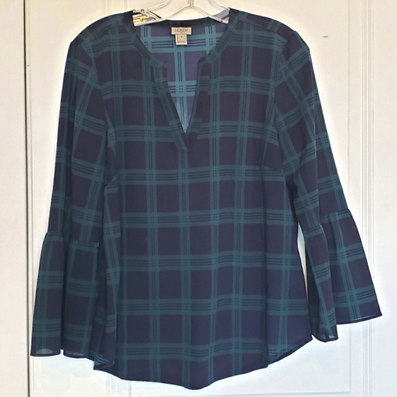 J. Crew Factory Tops - J. Crew Factory Navy Green Plaid Bell Ruffle Sleeve Blouse M